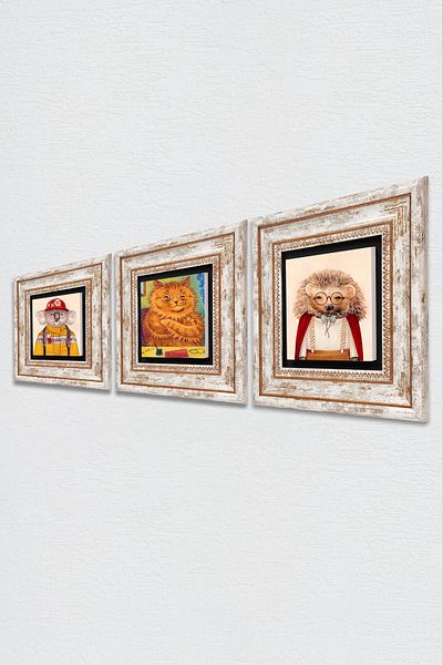Pinecone Louis Wain Cats, Hedgehog, Koala Stone Wall Painting Framed Wall Decor Set of 3 Painting Tk3-1871