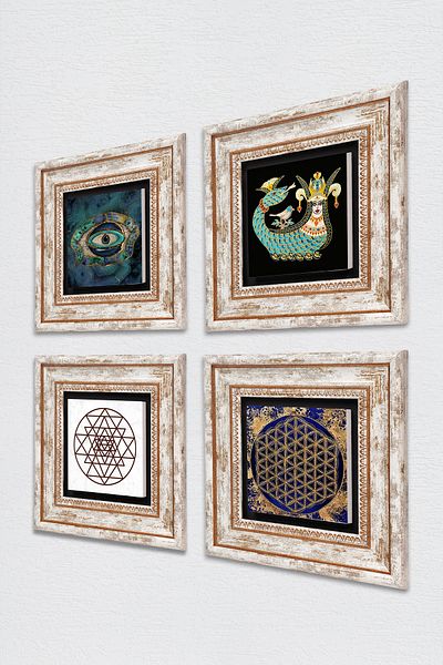 Pinecone Evil Eye, Sri Yantra, Flower of Life, Shahmeran Stone Wall Painting Framed Wall Decor Set of 4 Wall Art