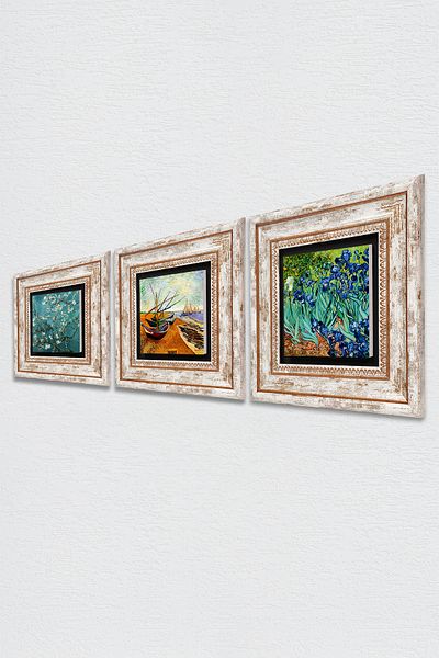 Pinecone Van Gogh Fishing Boats, Irises, Almond Tree Stone Wall Painting Framed Wall Decor Set of 3 Painting