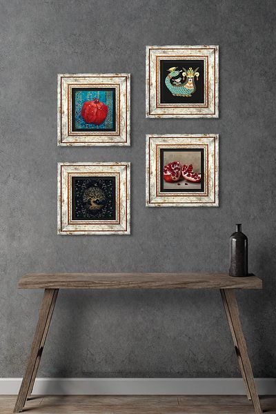 Pinecone Arborele vieții, Shahmeran, Pictură pe perete din piatră de rodie Decor de perete înrămat Set de pictură din 4 piese Artă de perete