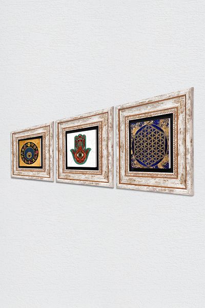 Pinecone Flower of Life, Fatma Mother Hand (Hamsa), Evil Eye Stone Wall Painting Framed Wall Decor Set of 3