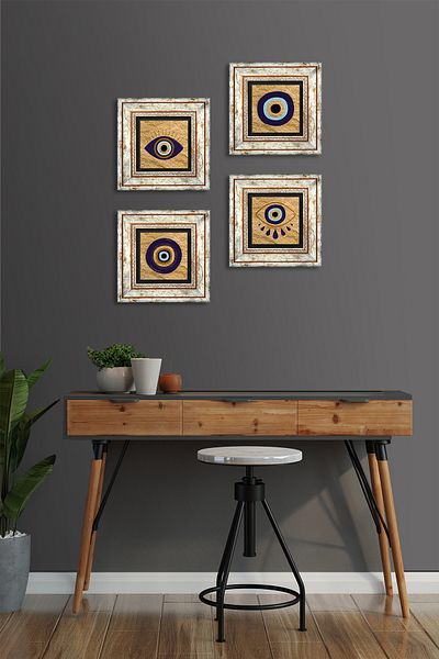 Pinecone Evil Eye Stone Wall Painting Framed Wall Decor 4 Piece Painting Set Wall Art Tk4-1065