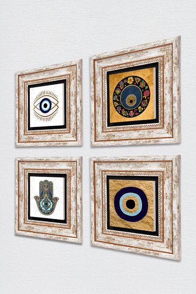 Pinecone Evil Eye, Fatma Mother Hand (Hamsa) Stone Wall Painting Framed Wall Decor 4 Piece Painting Set Tk4-1801