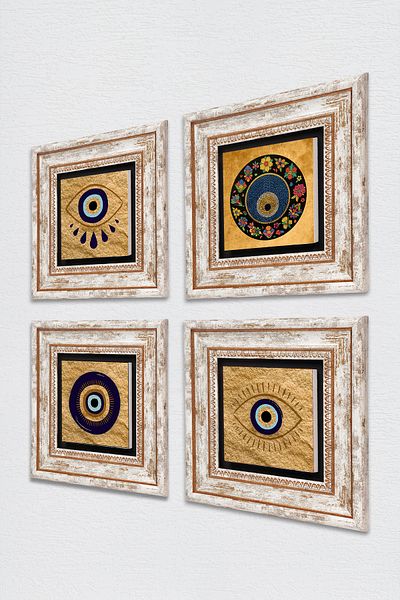 Pinecone Pictură pe perete cu piatră cu ochi rău Decor de perete înrămat Set de pictură 4 piese Artă de perete TK4-1500