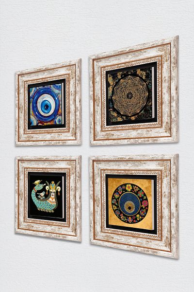 Pinecone Sri Yantra, Evil Eye, Shahmeran Stone Wall Painting Framed Wall Decor 4 Piece Painting Set Tk4-1221