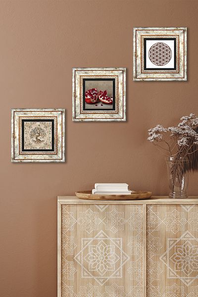 Pinecone Flower of Life, Tree of Life, Pomegranate Stone Wall Painting Framed Wall Decor 3 Piece Painting Set Tk3-925