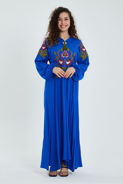 AYASOFYA OTANTIK Rochie de damă, albastră, cu broderie cu punct de cruce, cu mâneci lungi, etnică, autentică