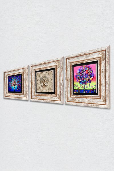 Pinecone Tree of Life Stone Wall Painting Framed Wall Decor 3 Piece Painting Set Wall Art Tk3-162