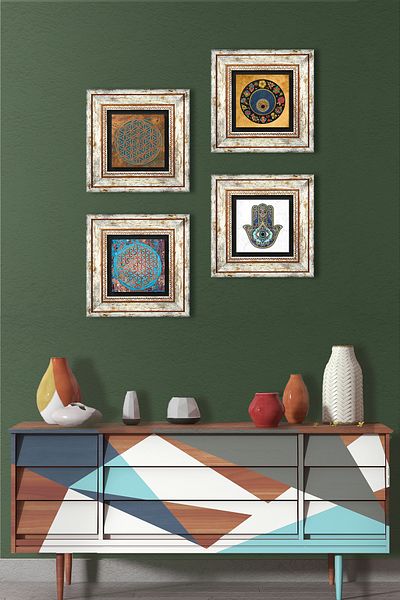 Pinecone Flower of Life, Evil Eye, Fatma Ana Eli (Hamsa) Stone Wall Painting Framed Wall Decor Set of 4 TK4-405