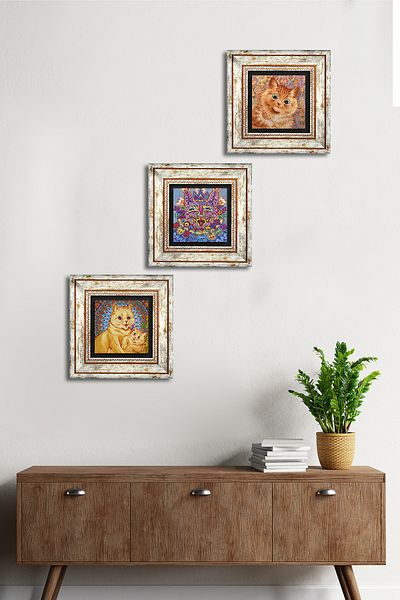 Pinecone Louis Wain Cats Stone Wall Painting Framed Wall Decor 3 Piece Painting Set Wall Art Tk3-630
