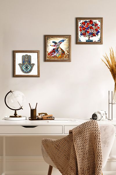 Pinecone Mozaic, Pom de rodie, Mâna Fatimă (Hamsa) Pictură pe perete din piatră Decor de perete cu rame din lemn Pictură din 3 piese