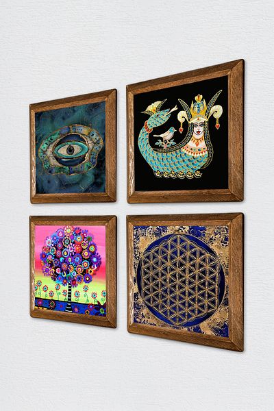 Pinecone Evil Eye, Flower of Life, Tree of Life, Shahmeran Stone Wall Painting Wooden Framed Wall Decoration 4 Piece Painting