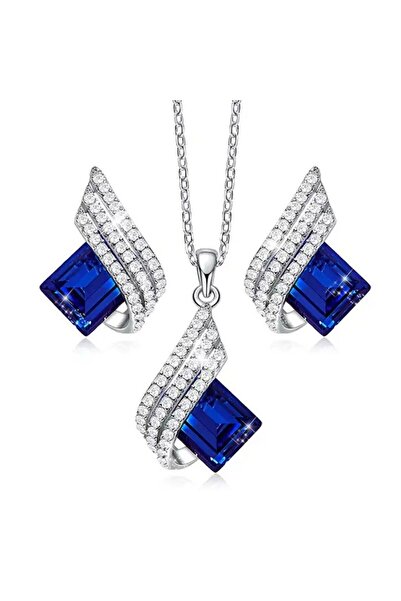Monemel Kristal Taşlı Lacivert Kolye ve Kupe Set (Altın Kaplama)