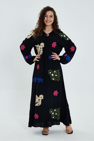 AYASOFYA OTANTIK Women's Black Applique Pattern Detailed Long Sleeve Long Ethnic Dress