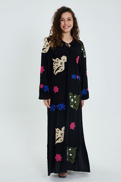 AYASOFYA OTANTIK Women's Black Applique Pattern Detailed Long Sleeve Long Ethnic Dress