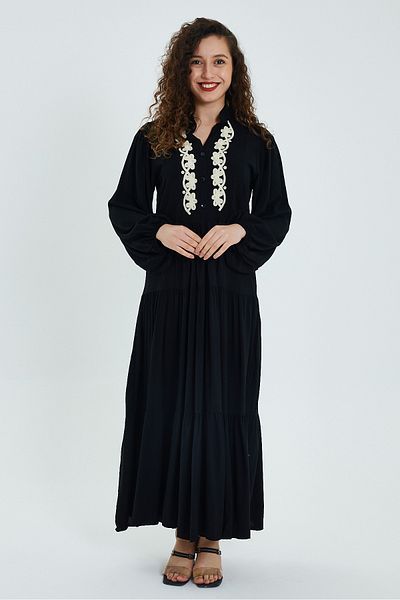 AYASOFYA OTANTIK Women's Black Embroidered Placket Collar Long Sleeve Ethnic Authentic Long Loose Dress