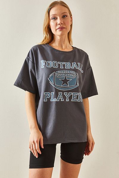 XHAN Smoked Crew Neck Front Printed Oversize T-Shirt 4KXK1-47927-33