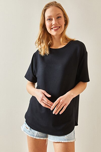 XHAN Siyah Bisiklet Yaka Oval Kesim T-Shirt 4KXK1-47929-02