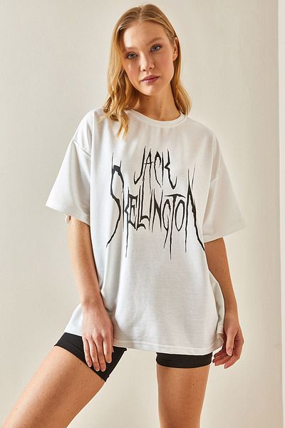 XHAN White Crew Neck Back Printed Oversize T-Shirt 4KXK1-47925-01