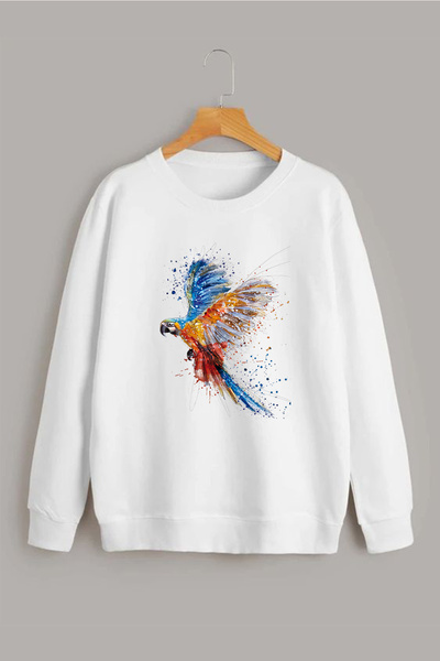 Vordevia Parrot Štampano Bela Oversize kroj Dukserica sa okruglim izrezom