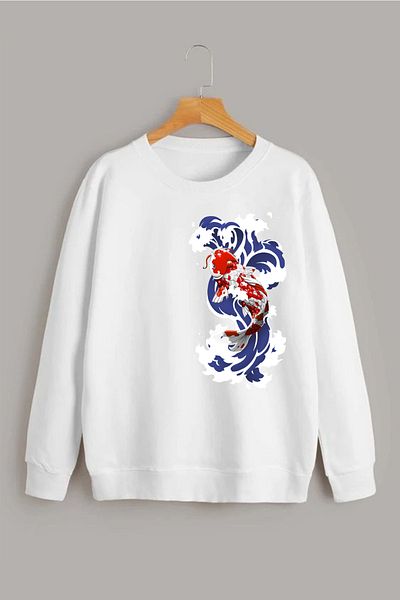 Vordevia Koi Fish Printed White Oversize Round Neck Sweatshirt