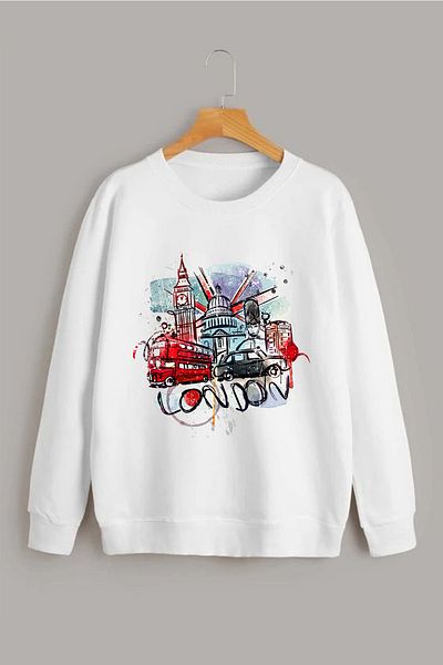 Vordevia London Printed White Oversize Round Neck Sweatshirt
