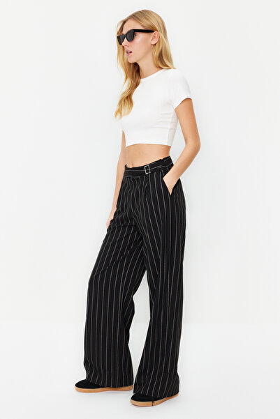 Trendyol Collection Black Wide Leg/Wide Leg Glitter Detailed Striped Woven Trousers TWOSS23PL00223