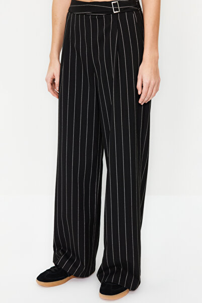 Trendyol Collection Black Wide Leg/Wide Leg Glitter Detailed Striped Woven Trousers TWOSS23PL00223