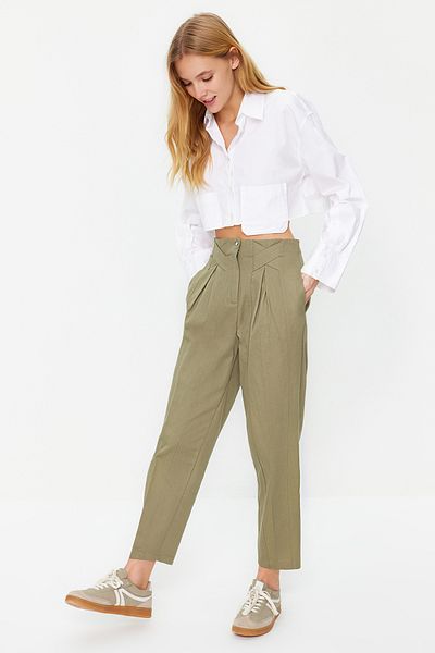 Trendyol Collection Khaki pamut sárgarépa mintás csíkos részletes szövött nadrág TWOAW22PL0342