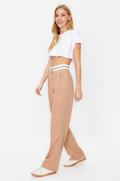 Trendyol Collection Beige Wide Leg/Wide Leg High Waist Belt Detail Woven Trousers Twoss23Pl00150 Palazzo