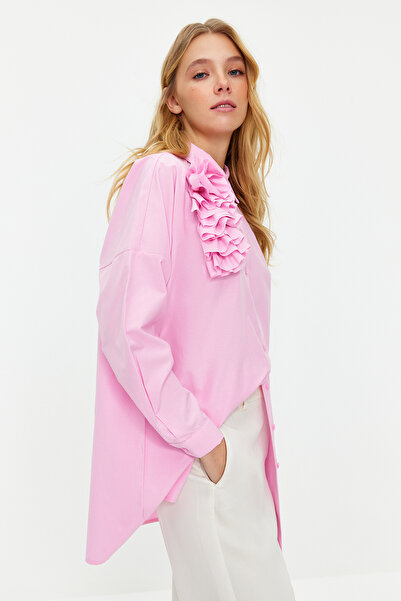 Trendyol Modest Rózsaszín rátétes virág részletes pamut szőtt ing TCTSS24TG00030