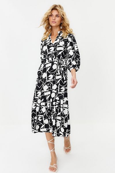Trendyol Collection Rochie tricotată neagră cu model geometric, mânecă trei sferturi, cu decolteu în V, lungime midi TWOSS24EL00102