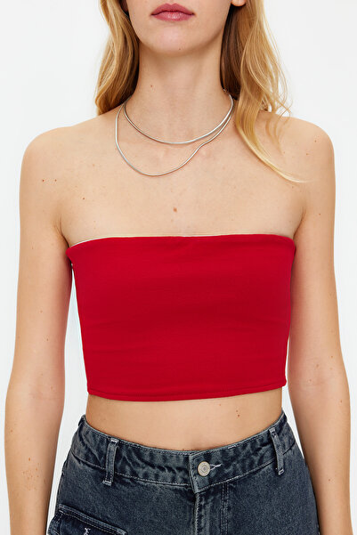 Trendyol Collection Piros illeszkedő pánt nélküli gallérral Crop rugalmas kötött blúz TWOSS24BZ00055