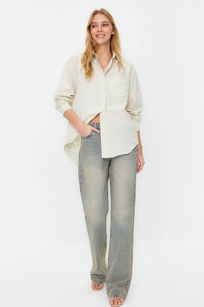 Trendyol Collection Dunkelbeiges Boyfriend-Hemd aus gewebter Baumwolle mit einer Tasche TWOAW20GO0115