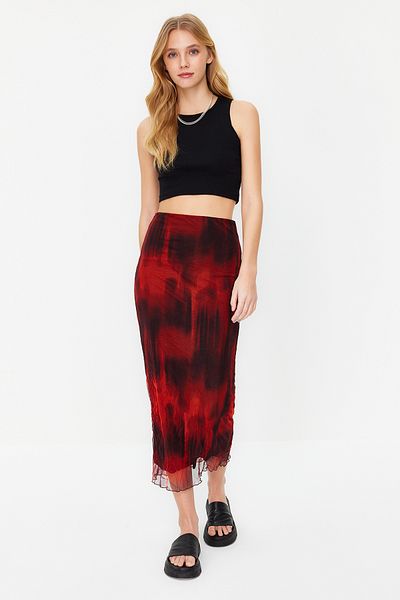 Trendyol Collection Red Printed Wrinkled Look Elastic Waist Lined Tulle Maxi Stretch Knitted Skirt TWOSS24ET00029