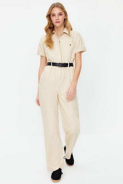 Trendyol Collection Light Beige Belted Shirt Collar Pocket Detailed Maxi Woven Jumpsuit TWOSS24TU00004