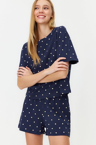 Trendyol Collection 100% pamut sötétkék pöttyös és szív pizsama szett - THMSS21PT1485