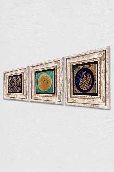 Pinecone Floarea Lotusului, Păunul, Floarea Vieții Pictură pe perete din piatră cu rame Decor de perete Set 3 piese