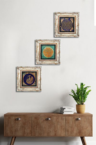 Pinecone Floarea Lotusului, Păunul, Floarea Vieții Pictură pe perete din piatră cu rame Decor de perete Set 3 piese