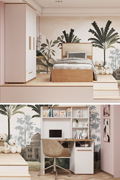 Modalife Eva Genç Çocuk Odası Takımı Karyola+Başlık&Gardırop&Çalışma Masası -...