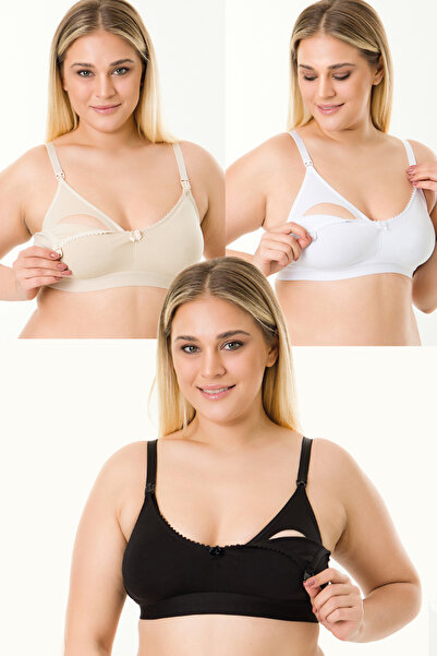 MS HAMİLE İÇ GİYİM 3-Piece Lace Hooded Nursing Bra - Black/White/Skin HG0052