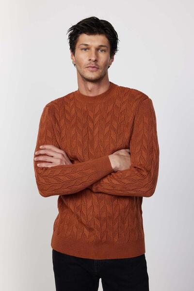 Tudors Мъжки тънък пуловер с кръгло деколте с шарки от канела