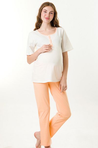 MS HAMİLE İÇ GİYİM Ecru-Salmon Maternity and Maternity Pajama Set - Hg0048