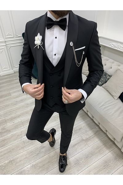 LONATOLİA Oversize Men's Tuxedos Groom Suit Shawl Collar Italian Cut Slim Fit Jacket Vest Pants Bow Tie-Black