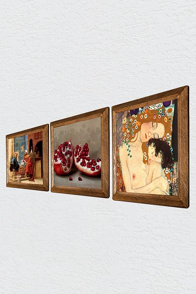 Pinecone Gustav Klimt Mother Child, Chess Game, Pomegranate Wall Painting Stone Wall Decor with Wooden Frame 3 Piece Painting