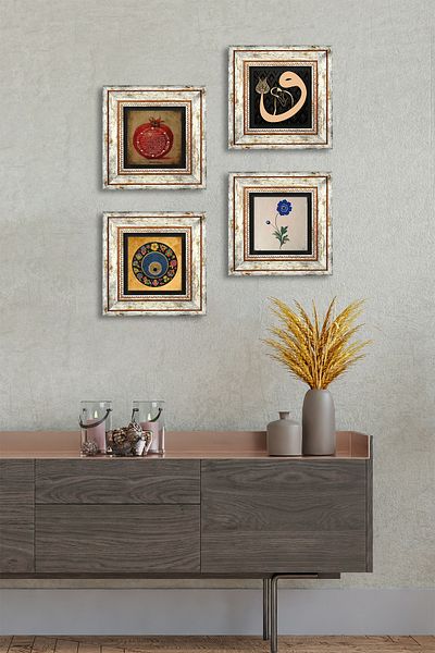 Pinecone Marbling Art, Vav, Evil Eye, Prayer for Fertility Stone Wall Painting Framed Wall Decor 4 Piece Set Tk4-202
