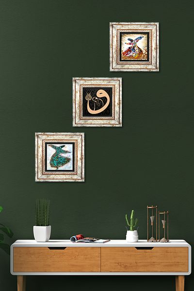 Pinecone Vav, Whirling Dervish Wall Painting Framed Stone Wall Decor 3 Piece Painting Set Wall Art Tk3-225