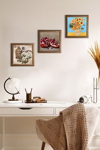 Pinecone Butterfly Flower, Van Gogh Twelve Sunflowers Vase, Pomegranate Wall Painting Stone Wall Decoration with Wooden Frame