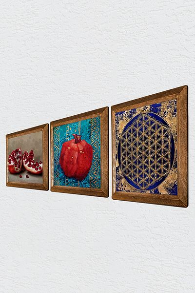 Pinecone Flower of Life, Pomegranate Wall Painting Stone Wall Decor with Wooden Frame 3 Piece Painting Set Wall Art W3-816