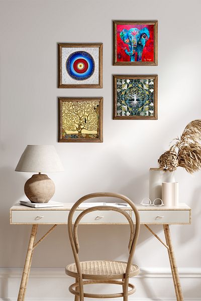 Pinecone Evil Eye, Tree of Life, Elephant Wall Painting Stone Wall Decor with Wooden Frame 4 Piece Painting Set W4-904
